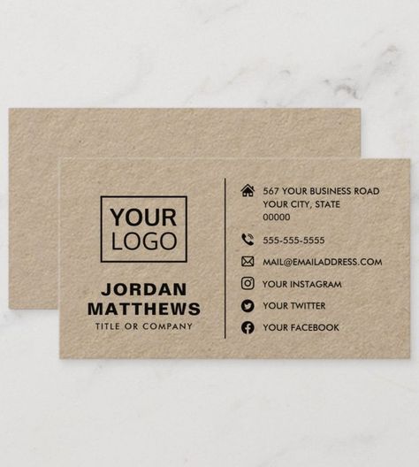 Modern, professional business card design with template fields for name, company name/title, logo (photo or other graphic) and contact information including social media icons. Printed on brown Kraft paper. Change font colors, move and resize elements with the customization tool. Brown Logo Design, Kraft Business Cards, Logo Photo, Paper Business, Church Logo, Name Card Design, Professional Business Card Design, Card Inspo, Professional Business Card