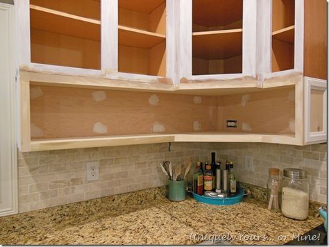 Raising kitchen cabinets and adding open cabinets below Under Cabinets Ideas, Move Kitchen Cabinets Up, Open Shelf Under Kitchen Cabinets, Shelf On Side Of Kitchen Cabinet, Adding Height To Kitchen Cabinets, Shelf Under Kitchen Cabinet, Shelf Under Cabinets In Kitchen, Liquor Cupboard, Shelves Under Kitchen Cabinets