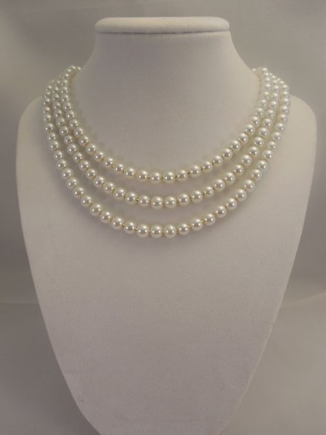 Three Strand Classic Style 6mm White Glass Pearl by Oshiny on Etsy, $28.00 Glass Outfit, Pearl Necklace Ideas, Pearl Necklace Aesthetic, Statement Pearl Necklace, Rose Gold Pearl Necklace, Gray Pearl Necklace, Three Strand Pearl Necklace, The Crown Series, Pearl Necklace With Gold