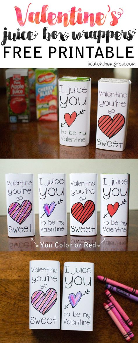 Free printable Valentine juice box wrappers in both red AND black and white so your kid can color them in! Valentine's Printables, Vday Party, Valentines Anime, School Holiday Party, Valentines Puns, Valentine's Ideas, Class Valentines, Food Activities, Valentine Day Boxes