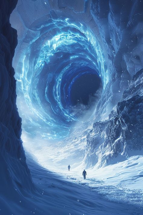 Midjourney Feed Snow Magic Art, Ice Magic Art, Portal Concept Art, Futuristic Portal, Futuristic Magic, Snow Cave, Frozen Mountain, Magic Portal, Portal Art