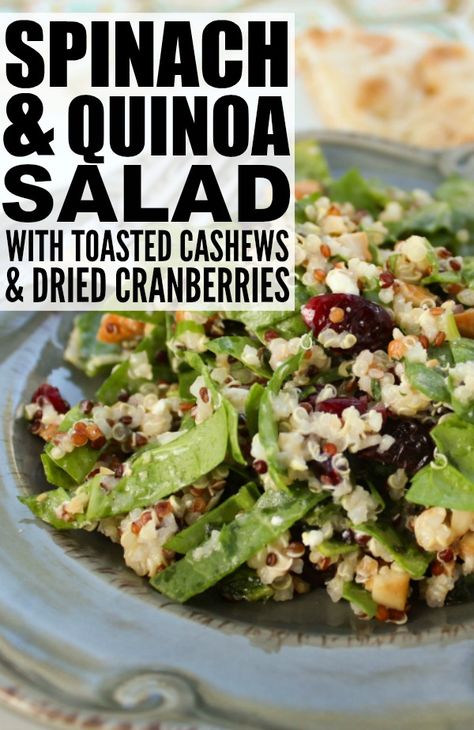 Quinoa is a gluten-free nutritional powerhouse that is loaded with fiber, protein, and essential minerals like magnesium, potassium, iron, and zinc, and it's a fabulous food to incorporate into your diet when you're trying to lose weight. This Spinach and Quinoa Salad with Toasted Cashews and Dried Cranberries makes a fabulous post-workout meal, and is by far one of my favorite quinoa recipes! Quinoa Spinach Salad, Toasted Cashews, Post Workout Food, Spinach Salad, Quinoa Recipes, Sugar Free Recipes, Quinoa Salad, How To Cook Quinoa, Protein Snacks