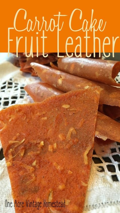 Carrot Cake Fruit Leather ⋆ Vintage Mountain Homestead Fruit Leather Dehydrator, Mountain Homestead, Fruit Leather Recipe, Dehydrated Vegetables, Cake Fruit, Vintage Pumpkin, Fruit Roll, Fruit Leather, Dehydrated Fruit