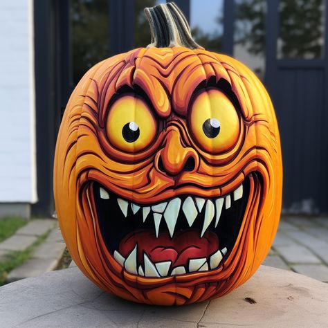 No carve pumpkin idea, simple decoration, Halloween Mystery Machine Pumpkin, Crazy Pumpkin Painting Ideas, Carve And Paint Pumpkins, Oval Pumpkin Painting Ideas, Pumpkin Painting Ideas Horror, Spooky Halloween Pumpkins Painted, 3d Pumpkin Painting, Halloween Drawings Pumpkins, Cartoon Painted Pumpkins