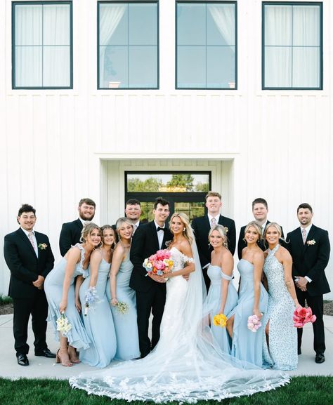 Bridal Party Mismatched, Royal Blue Tux, Gray Wedding Party, Slate Blue Bridesmaid Dresses, Ice Blue Bridesmaid Dress, Black Tuxedo Wedding, Baby Blue Bridesmaid Dresses, Wedding Palettes, Light Blue Bridesmaid Dresses