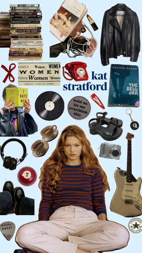 collage, movie, julia stiles, 10 things I hate about you Kat Stratford Aesthetic, Kat Stratford, Julia Stiles, 10 Things I Hate About You, Downtown Outfits, College Fits, City Woman, Types Of Women, Just Girly Things