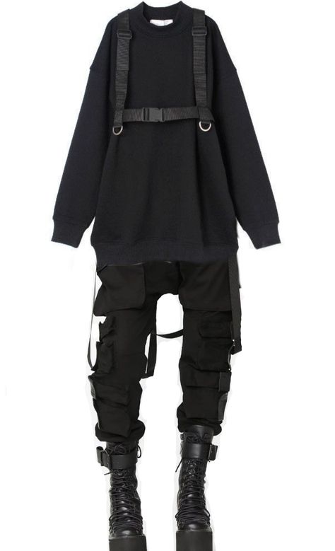 Mech Aesthetic Outfit, Tech Wear Accessories, Militarycore Outfits, Tech Wear Outfit, Gothic Casual Outfits, Gothic Techwear, Nonbinary Clothes, Tomboy Goth, Tech Goth