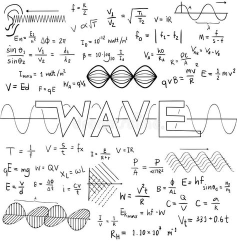 Wave physics science theory law and mathematical formula equation, doodle handwriting and frequencies model icon in white isolate. D background paper used for stock illustration Wave Physics, Physics Knowledge, Doodle Handwriting, Algebra Cheat Sheet, Physics Poster, Physics Laws, Wave Equation, Model Icon, Purple Bedding Sets