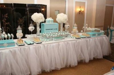 Tiffany & Co. bridal shower theme idea.  See more bridal shower themes and party ideas at www.one-stop-party-ideas.com Bridal Shower Themes Ideas, Tiffany Blue Party, Bridal Shower Themes, Tiffany Birthday, Tiffany Baby Showers, Tiffany Theme, Tiffany Bridal Shower, Tulle Table, Tiffany's Bridal