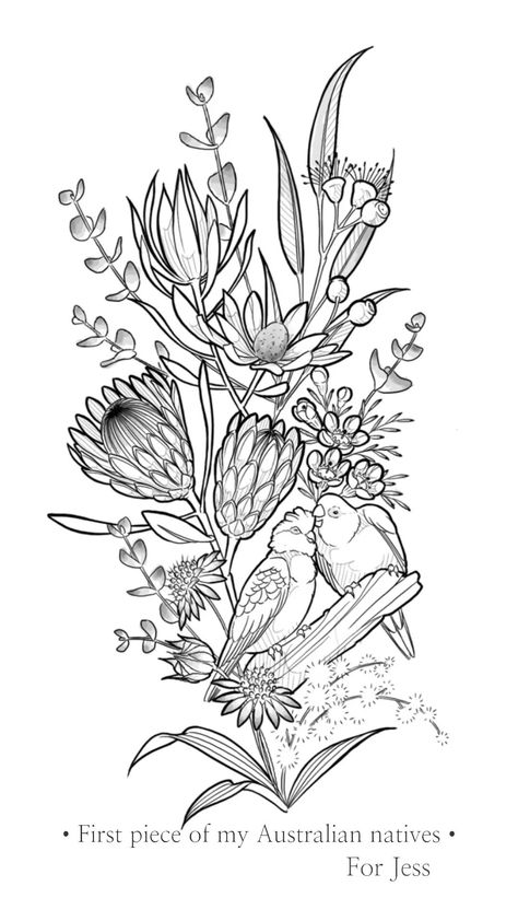 Native Australian Tattoo, Australian Native Flowers Tattoo, Australian Flora Tattoo, Australian Flower Tattoo, Australian Native Tattoo, Native Australian Flowers Tattoo, Flower Leg Tattoos, Tattoos 2023, Flower Bouquet Drawing