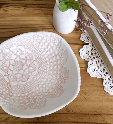 Udessi Gallery Store - Vintage Lace ‘Elodie’ Dish. Ceramic dish by Kim Wallace, made by hand using a vintage lace doily imprint and dusty pink underglaze to highlight the beautiful pattern. Made in Australia using stoneware clay. • See more at The Big Design Market on 7/8/9 December 2012 at the Royal Exhibition Building, Melbourne. www.thebigdesignmarket.com Doily Pottery, Pottery Corner, Valentine Plates, Pottery Creations, Exhibition Building, Pottery Platter, Dish Ceramic, 9 December, Stoneware Dishes