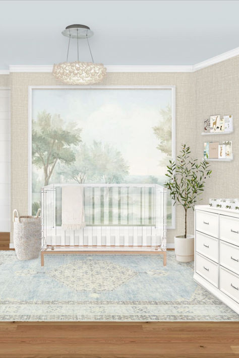 Head to the blog to see a nursery design for a historical home. Our client wanted a nursery design that felt soft and serene with neutrals, blues and greens. The tree wallpaper looks amazing in person. Green And Blue Nursery, Blue And Green Nursery, Nature Nursery, Nursery Interior Design, Nursery Interior, Natural Nursery, Neutral Blue, Green Nursery, Blue Nature