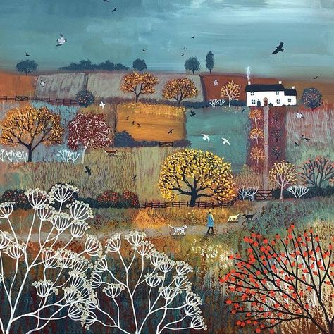 Naive Art Extraordinaire | Jo Grundy The Path to Autumn Cottage Jo Grundy, Cottage Canvas Art, Autumn Cottage, Naive Illustration, To Autumn, Autumn Scenes, Naive Art, Autumn Landscape, Dog Walker