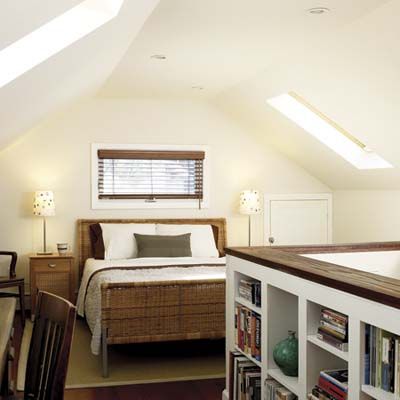 A half-wall lined with bookshelves encloses the staircase of this attic bedroom. | Photo: David Prince | thisoldhouse.com Attic Renovation Ideas, Finished Attic, Attic Playroom, Attic Loft, Attic House, Small Attic, Attic Room, Attic Design, Attic Bathroom