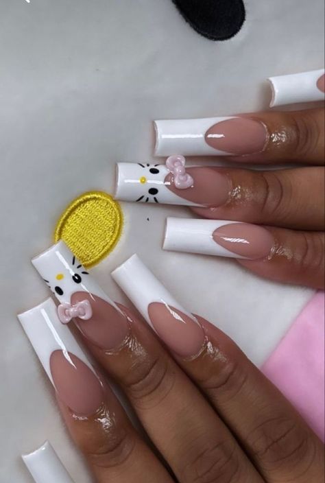 Hello Kitty Nail, Kylie Nails, Kitty Nail, Kitty Nails, Long Acrylic Nail Designs, Beige Nails, Grunge Nails, Hello Kitty Nails, Short Square Acrylic Nails