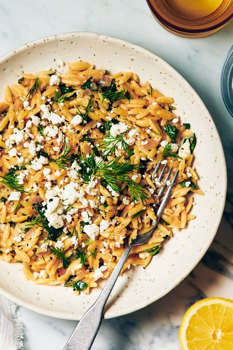 Orzo And Feta Recipes, Lemon Spinach Orzo, Orzo With Feta, Feta Orzo, Evergreen Kitchen, Orzo Spinach, Lemon Spinach, Spinach Orzo, Barbeque Recipes