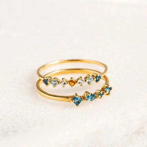 Dainty Gemstone Ring Set | Linjer Jewelry Birthstone Ring Mothers, Multi Gemstone Ring, London Blue Topaz Ring, Gold Gemstone Ring, Detailed Ring, Gem Ring, Stacked Jewelry, Blue Gems, Solid Gold Jewelry