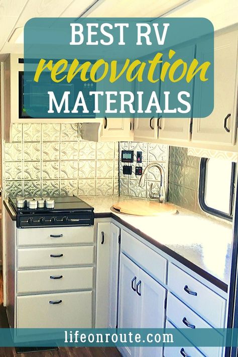 Finding the perfect materials for your RV renovation can be difficult. We remodeled our motorhome from ceiling to floor, front to back. Find the exact products we used to makeover the kitchen, bathroom and living space of our camper and get ideas for how to upgrade yours. #rvliving #rving #rvreno #rvremodel Backsplash Paint, Camper Layout, Rv Kitchen Remodel, Small Camper, Camper Reno, Camper Trailer Remodel, Rv Renovation, Diy Camper Remodel, Rv Kitchen