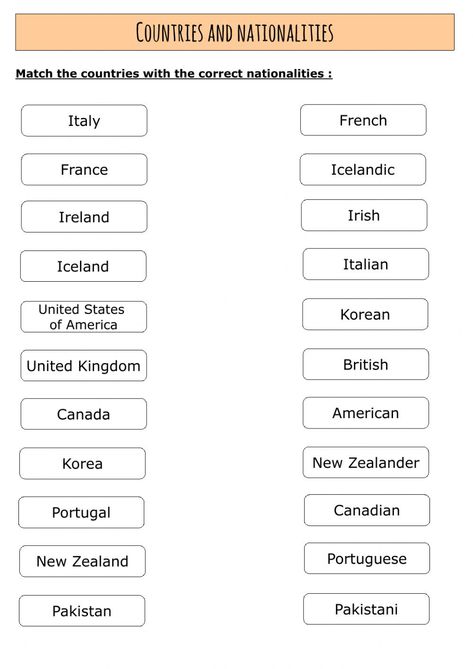 Nationality Worksheet, Countries And Nationalities Worksheet, Country Worksheet, English First Grade, English Beginner, Match Worksheet, Articles Worksheet, Game Image, Adjective Worksheet