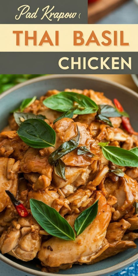 Pad Krapow (Thai Basil Chicken): a quick and flavorful stir-fry featuring tender chicken, garlic, chilies, and fragrant Thai basil. Perfect over rice! Thai Basil Chicken Noodles, Basil Chicken Fried Rice, Holy Basil Recipes, Krapow Thai, Thai Basil Chicken Recipe, Basil Chicken Recipe, Pad Krapow, Basil Fried Rice, Thai Basil Chicken