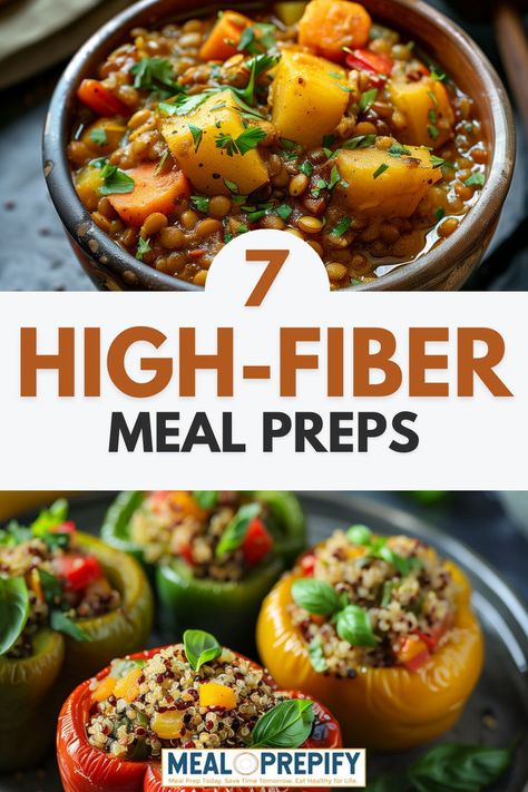 Collage of high-fiber dishes, including curry and salads, perfect for planning High-Fiber Meal Preps. Higher Fiber Meals, High Fiber Low Carb Meal Plan, Fiber Sources Food, High Fiber Easy Meals, High Fiber Grocery List, High Fiber Meal Prep Recipes, Healthy High Fiber Foods, High Fiber Lunch Meal Prep, High Fiber Recipes Dinner Healthy Meals