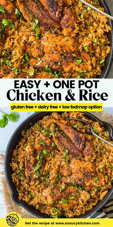 A simple and delicious one-pot chicken and rice dish made with a few herbs and spices and a pop of lemon! This dish is prepped and cooked all in one pan in about 30 minutes with simple ingredients making it a great recipe to enjoy on busy weeknights! | Gluten Free + Dairy Free + Low FODMAP option Gluten And Dairy Free Chicken And Rice, Low Fodmap Chicken Casserole, Low Fodmap Chicken And Rice, Low Fodmap Rice Bowl, Dairy Free Low Fodmap Recipes, Low Fodmap Low Histamine Recipes, Dairy Free Chicken And Rice, Low Fodmap One Pan Meals, Low Fodmap Dairy Free Recipes