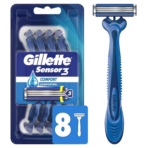 Gillette Sensor3 Comfort Disposable Razors for Men, 8 Count, Lubrastrip Glides Easily Over Your Skin Gillette Mach 3, Gillette Razor, Sensitive Men, Men's Facial Hair, Disposable Razor, Shave My Head, Mens Razors, Shave Gel, Shaving Razor