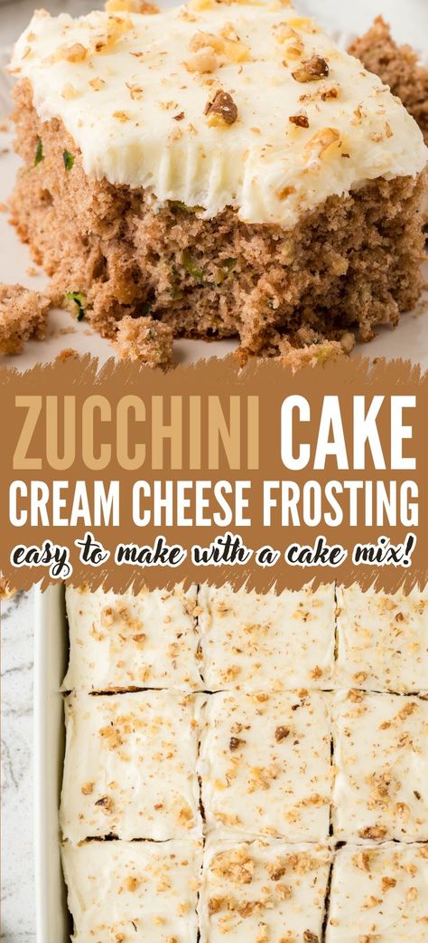 This moist and easy Zucchini Cake starts with a 'doctored up' spiced cake mix and it's topped with a tangy and sweet cream cheese frosting. A delicious way to use summer's bounty of zucchini! Zucchini Sheet Cake Recipe, Carrot Cake Sheet Cake, Zucchini Cake Recipe, Zucchini Desserts, Cake Sheet, Zucchini Cakes Recipe, Homemade Snickers, Cake With Cream Cheese Frosting, Cream Cheese Frosting Recipe