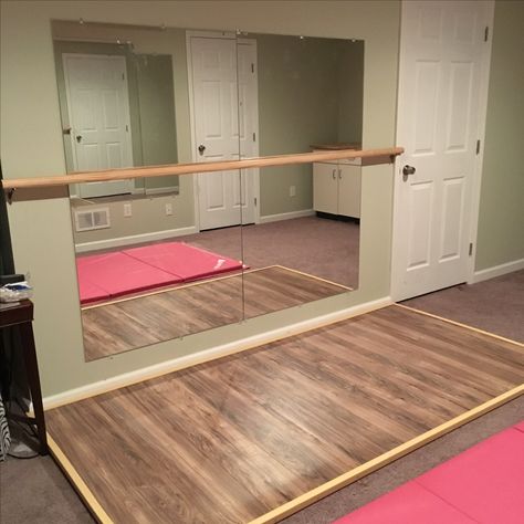 Dance Area In Bedroom, Basement Ballet Studio, Dance Room In Garage, Loft Dance Studio, At Home Dance Space, Diy Dance Room At Home, Gymnastic Room Ideas, Ballet Room In House, Dance Studio Bedroom