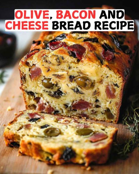 Bacon Olive Cheese Bread, Olive Bacon And Cheese Bread Recipe, Cheese Bacon Bread, Green Olive Bread Recipe, Easy Olive Bread, Olive And Cheese Bread, Prosciutto Bread With Provolone, Savory Breads Ideas, Pull Apart Olive Bread