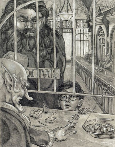 Hagrid and Harry at Gringotts Wizarding Bank Harry And Hagrid, Divergent Fan Art, Gringotts Bank, Classe Harry Potter, Harry Potter Art Drawings, Harry Potter Painting, Harry Potter Illustrations, Harry Potter Artwork, Harry Potter Drawings