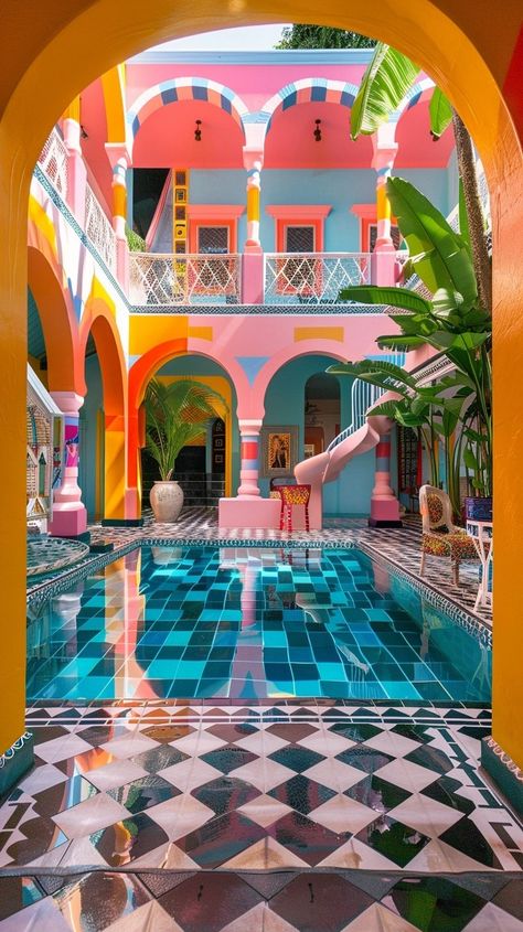 If I Designed an Airbnb Mansion: Bringing the Vibrant Vibe to Life — Living Bright Interiors Ideas For Airbnb, Adele House, Airbnb Aesthetic, Colour Zoning, Funky Interior Design, Eclectic Color Palette, Maximalism Interior, Luxury Pools Backyard, 80s House