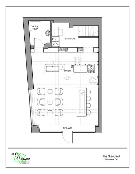 Press kit | 760-13 - Press release | The Standard Café - Jean de Lessard, Designers Créatifs - Commercial Interior Design - Plan - Photo credit: JEAN DE LESSARD - DESIGNERS CRÉATIFS Cafe Floor Plan Layout, Small Restaurant Ideas, Cafe Floor Plan, Canteen Design, Cafe Plan, Modern Coffee Shop, Opening A Coffee Shop, Get Published, Small Coffee Shop