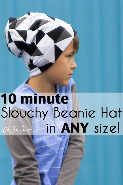 Sew a Beanie Hat - Make a slouchy hat in any size with this EASY tutorial - Melly Sews Fabric Beanie Pattern, Knit Fabric Beanie Pattern Free, Easy Beanie Sewing Pattern, Slouch Beanie Sewing Pattern, How To Make Beanies Diy, Sewing Beanie Pattern, How To Make Beanie Hats, Beanie Diy Sew, Diy Slouchy Beanie