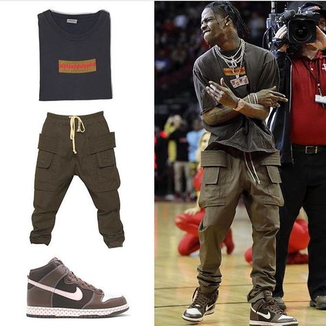 Travis Scott Wearing Dunks, Mens Hiphop Street Style, Travis Scott Cargo Pants, Travis Scott Style Outfits, Travis Scott Inspired Outfit, Travis Scott Drip, Hiphop Outfit Men Street Fashion, Travis Scott Street Style, Travis Scott Jordan 1 Outfit