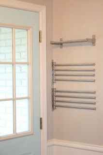 swing arm towel bars (Grundtal from Ikea) installed for hanging clothes dry in the laundry room Ikea Towel, Clothes Hanger Design, Ikea Towels, Laundry Room Drying Rack, Perfect Laundry Room, Wall Mounted Drying Rack, Small Laundry Room Organization, Laundry Rack, Drying Racks