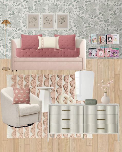 Pink Velvet Daybed, Girl Daybed Room Ideas, Daybed Toddler Room Girl, Daybed Girls Room, Pink Tufted Bed, Room With Daybed, Girls Daybed Room, Pink Daybed, Girls Daybed