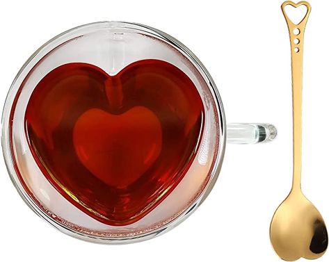 Amazon.com | Heart Shaped Cup - Double Walled Insulated Glass Coffee Mug or Tea Cup - Double Wall Glass 8oz (240ml) - Clear - Unique & Insulated with Handle - With Teaspoon: Espresso Cups Heart Shaped Mug, Glass Coffee Mug, Double Wall Glass, Glass Tea Cups, Glass Coffee Cups, Valentines Mugs, Cute Coffee Mugs, Fancy Coffee, Glass Coffee Mugs