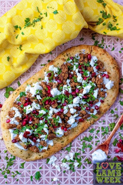 Lamb Flatbread, Turkish Pizza, Grilled Flatbread, Spiced Lamb, Pizza Parlor, Homemade Flatbread, Tzatziki Recipes, Lamb Dishes, Mince Recipes