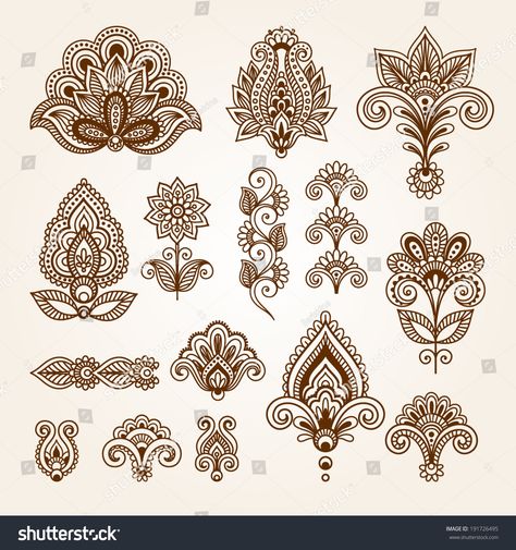 Flowers Indian, Finger Henna Designs, Muster Tattoos, Abstract Elements, Flowers Vector, Henna Patterns, Set Style, Floral Elements, Henna Tattoo Designs