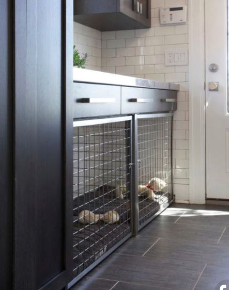 Dog Kennel In Cabinet, Under Cabinet Dog Kennel, Dog Kennel Built In Cabinets, Dog Sleeping Area Ideas, Bedroom Dog Crate, Cabinet Dog Kennel, Dog Sleeping Area, Dog Crate In Bedroom, Cabinet Dog Crate