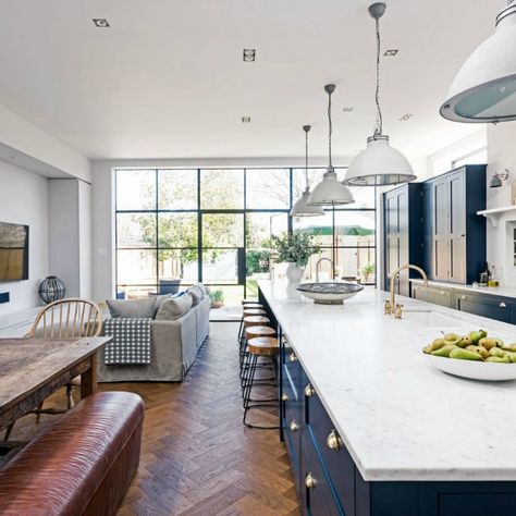 These are the most gorgeous blue kitchen ideas for any design style! https://ablissfulnest.com  #kitchen #kitchendesignideas #kitchencabinets #kitchendecor #kitcheninspiration #blue #navy #bluekitchen #navykitchen Kitchen Diners, Quartz Worktop, Kitchen Diner Extension, Navy Blue Kitchen, Navy Kitchen, Open Plan Kitchen Living Room, Casa Country, Edwardian House, Blue Cabinets