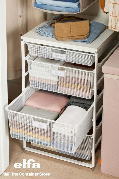 Elfa Drawers are an easy way to add instant storage space to a dorm or small apartment. From clothes to snacks, they can help organize almost anything! Choose from a selection of sizes and finishes to find the solution that works best for your space. Elfa Drawers, Bedroom Storage Ideas For Small Spaces, Closet System With Drawers, Closet Ideas For Small Spaces, Elfa Closet System, Dorm Closet Organization, Small Space Storage Bedroom, Clothes Organization Small Space, Mom Room