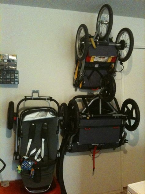 What about BOB (and BOB Duallie)?  Bike hooks screwed into studs create wall-mounted stroller storage! Pushchair Storage, Bob Stroller, Stroller Storage, Garage Solutions, Bike Hooks, Best Baby Strollers, Shed Organization, Garage Organize, Jogging Stroller