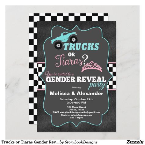 Trucks Or Tiaras Gender Reveal, Wheels Or Heels Gender Reveal, Gender Reveal Themes, Gender Reveal Ideas, Baby Gender Reveal Party, Gender Reveal Decorations, Gender Reveal Invitations, Baby Gender Reveal, Reveal Ideas