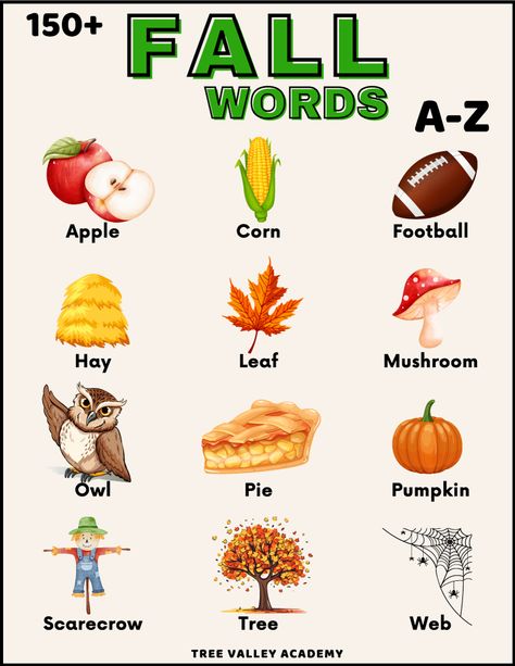 150+ fall words A-Z. Words and images showing an apple, corn, football, hay, leaf, mushroom, owl, pie, pumpkin, scarecrow, tree, and a spider web. Cottage School, Fall Vocabulary, Fall Worksheets, Weather Vocabulary, Pumpkin Tree, Weather Words, Words From A, Food Vocabulary, Fall Words