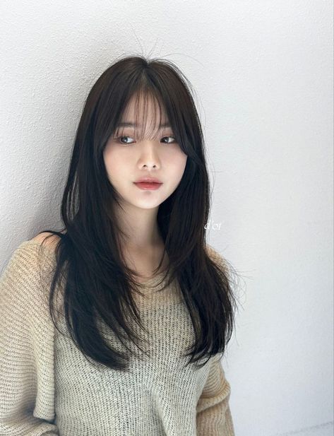 Layer Hair Korean Long, Layers With Bangs Asian, Asian Girl Haircut Medium, Asian Haircut Mid Length, Wolfcut Hair Long Round Face, Asian Hairstyles Straight Hair, Korean Hair Inspiration, Medium Long Length Haircut With Bangs, Korean Layered Haircut With Bangs