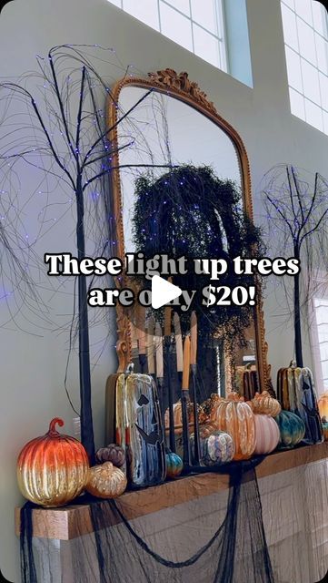 Brittany McDonald | Home Design on Instagram: "Best part is these trees can go outdoor as well!  So many ways to use them✨ I’m obsessed, they make such an impact🖤  Search my page for the DIY tutorial on the wreath and skeleton frame!   🕯️Make sure to follow me for more great Halloween finds   💀Comment ‘tree’ for links   #halloweenfun #halloweendecoration #halloweenideas #halloweensetup #halloweenporch #halloweenmantle" Light Up Tree, Halloween Mantle, Halloween Porch, Halloween Fun, Halloween Crafts, Home Design, Halloween Decorations, Skeleton, Follow Me