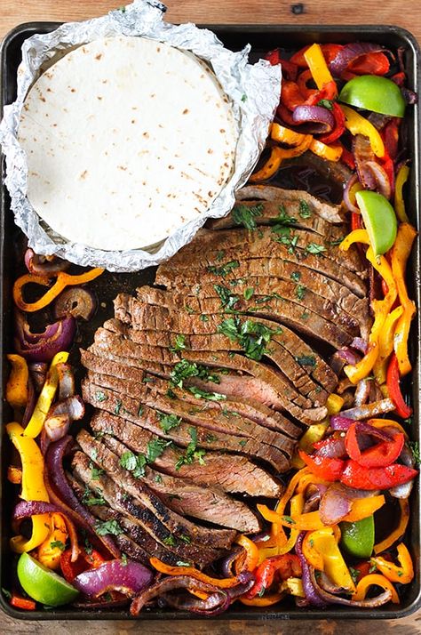 Sheet Pan Steak Fajitas - Flank Steak Fajitas - No. 2 Pencil One Sheet Pan Meals, Sheet Pan Suppers Recipes, Healthy Sheet Pan Dinners, Sheet Pan Steak Fajitas, Sheet Pan Steak, Flank Steak Fajitas, Healthy Sheet Pan, Easy Supper Recipes, Sheet Pan Meals