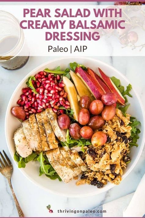 Pear Salad with Creamy Balsamic Dressing (Paleo, AIP) Aip Balsamic Vinaigrette, Traveling On Aip Diet, Aip Dressing Recipes, Aip Salad Dressing, Autumn Salad Dressing, Aip Salad, Aip Salads, Aip Lifestyle, Aip Chicken